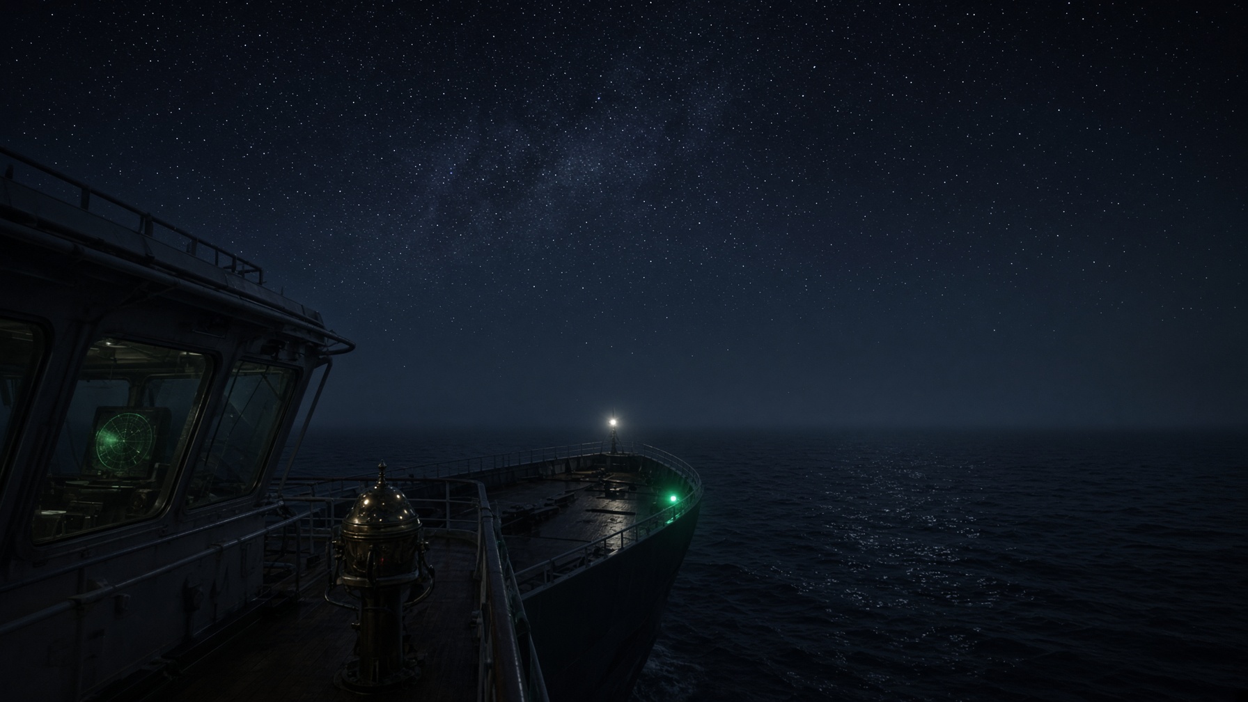 Night view over a merchant ship's bow